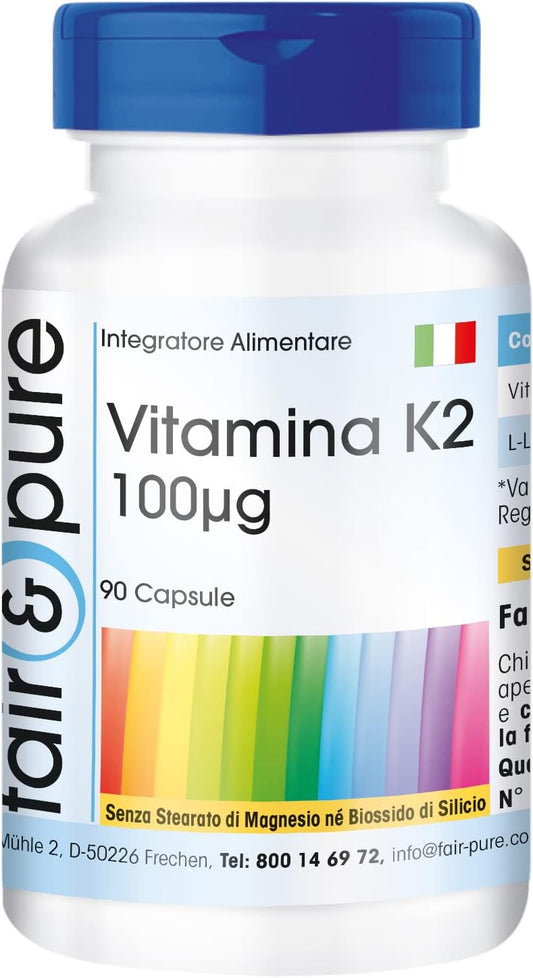 Fair & Pure® - Vitamina K2 100µg - Menaquinone MK7 Naturale - Da Natto - Vegan - 90 Capsule