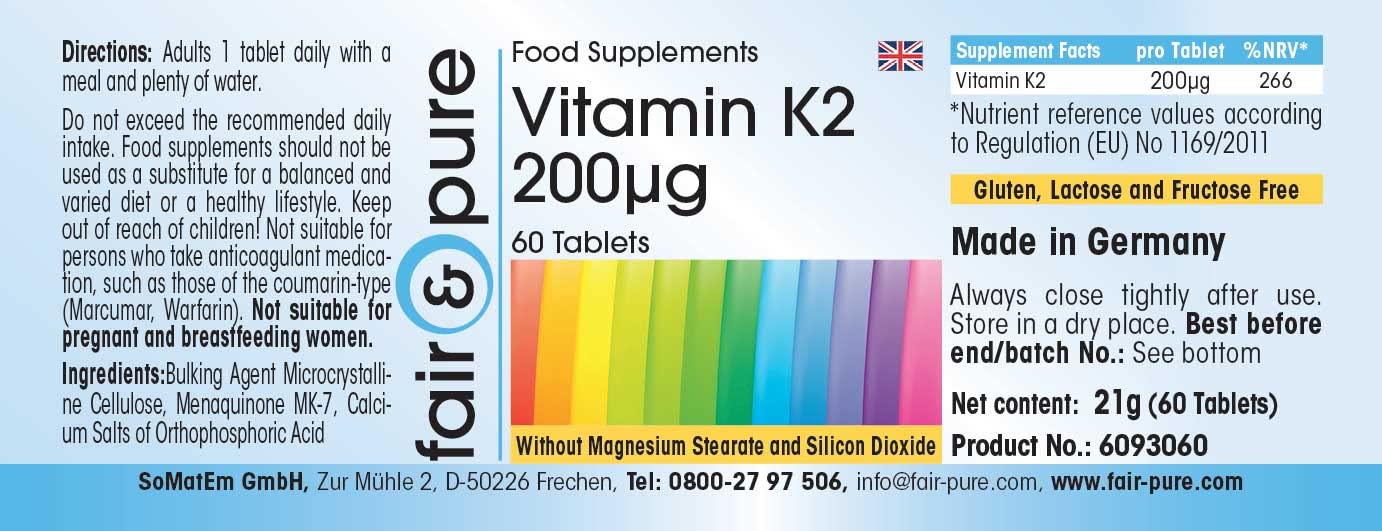 Fair & Pure® - Vitamina K2 200µg - Menaquinone MK7 - Vegan - 60 Compresse