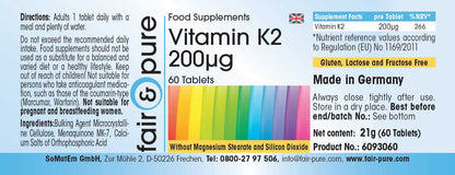 Fair & Pure® - Vitamina K2 200µg - Menaquinone MK7 - Vegan - 60 Compresse