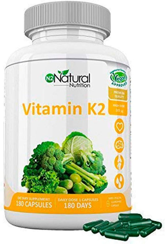 Vitamina K2 Mk7 Menaquinone. Integratore Alimentare Elevata Concentrazione 200µg Protezione a Cuore e Cervello Ossa Forti. 180 Capsule Vegetali. Certificato Vegano. CE Fabbricato.N2 Natural Nutrition