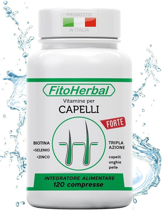 FitoHerbal Biotina + Zinco + Selenio 120 Compresse Integratore Tripla Azione Per Crescita Capelli, Migliora Aspetto Cutaneo Viso, Ridona Forza Resistenza alle Unghie. Qualità Made in Italy