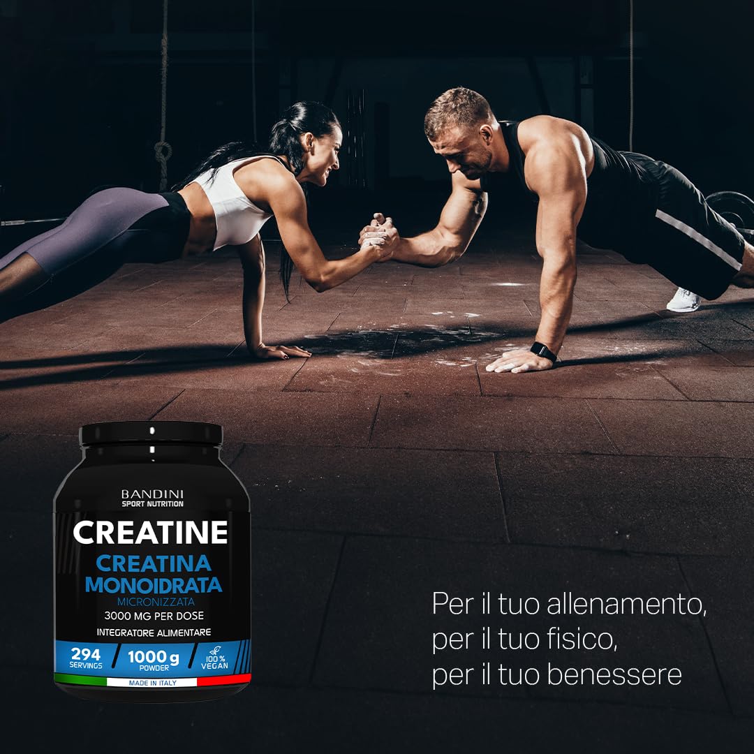 Bandini® Creatina Monoidrata Micronizzata 1kg/1000g in Polvere Pura e Vegana al 100% - Integratore Alimentare per Palestra, Sport, Fitness e Pre Workout - A base di Creatine Monoidrato