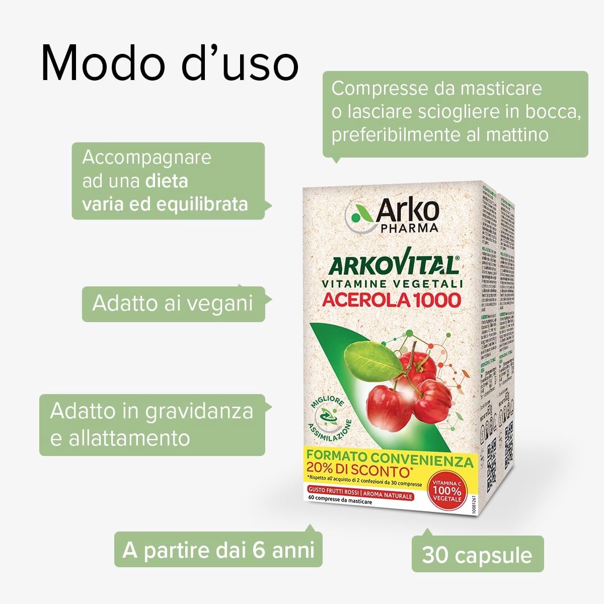 Arkopharma Arkovital Acerola 1000 - Integratore Alimentare con Vitamina C - 100% Origine Vegetale - 1 Confezione da 60 Compresse - Per tutta la Famiglia