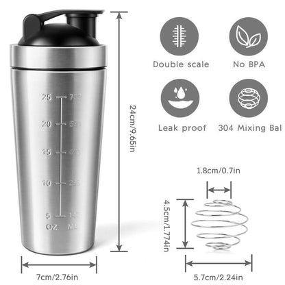 Shaker Proteico in Acciaio Inox, Bottiglia Shaker per Proteine, Shaker da Palestra da 750ml, Shaker Bottle Portable Shaker per Proteine Fitness Borraccia Fitness Bottiglie per Miscele