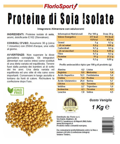 Proteine di Soia Isolate 1000 g in Polvere - FlorioSport | 91% Proteine Vegetali adatte a Vegani e Vegetariani. Senza Lattosio, Glutine, OGM, Zuccheri ed Edulcoranti Artificiali. (Cioccolato)