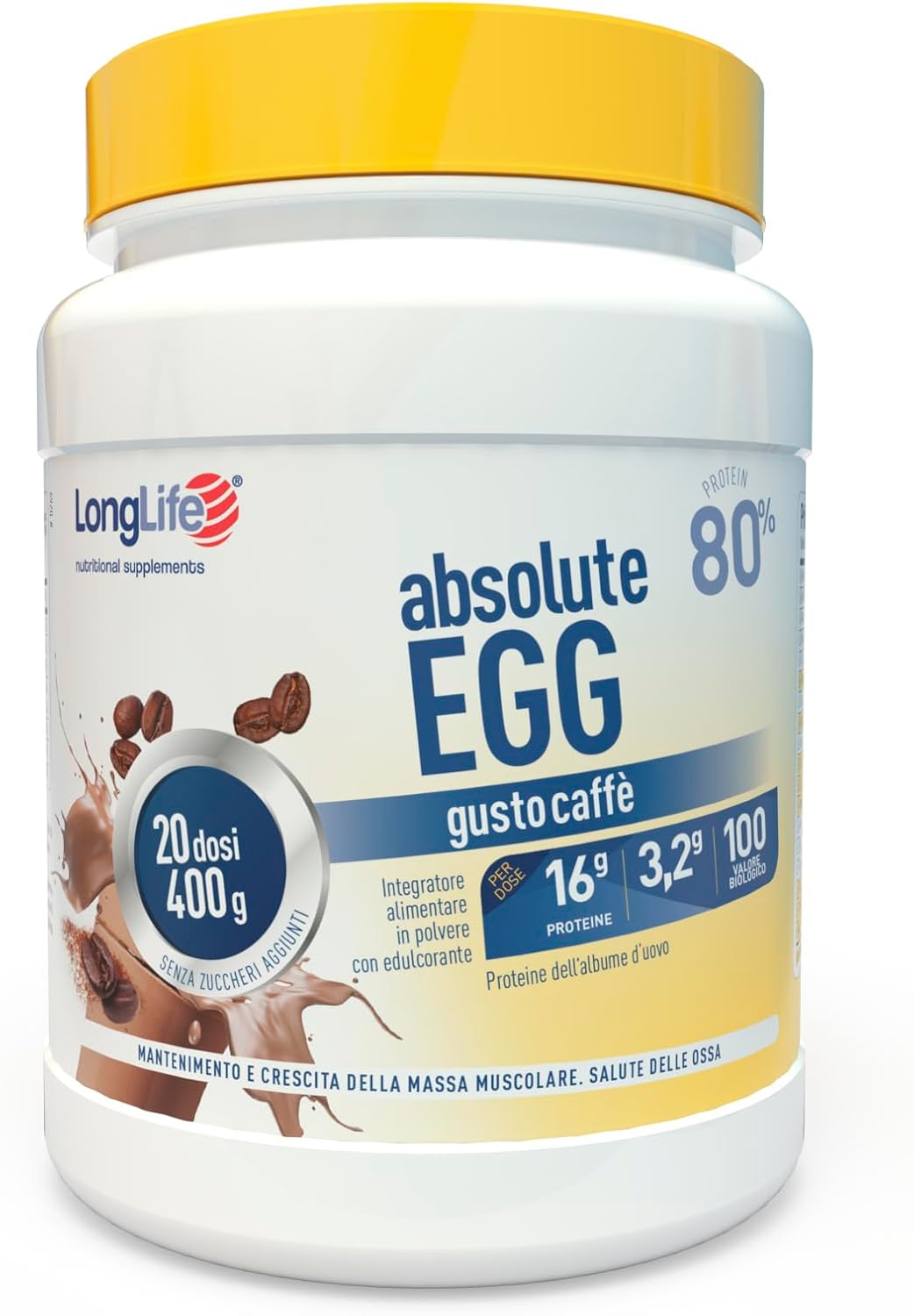 LongLife® Absolute Egg Caffè | Integratore di proteine (80%) | Polvere aroma caffé | Salute delle ossa | Senza glutine e vegetariano