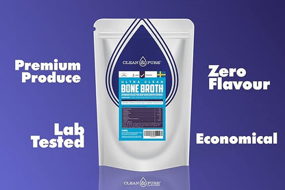 Clean and Pure Polvere di Brodo di Ossa 800g |Prodotto in Svezia | Beef Bone Broth Polvere Proteica Testato in Laboratorio UK | Proteine di Manzo 95% & Collagene Idrolizzato | Brodo di Ossa Grass Fed