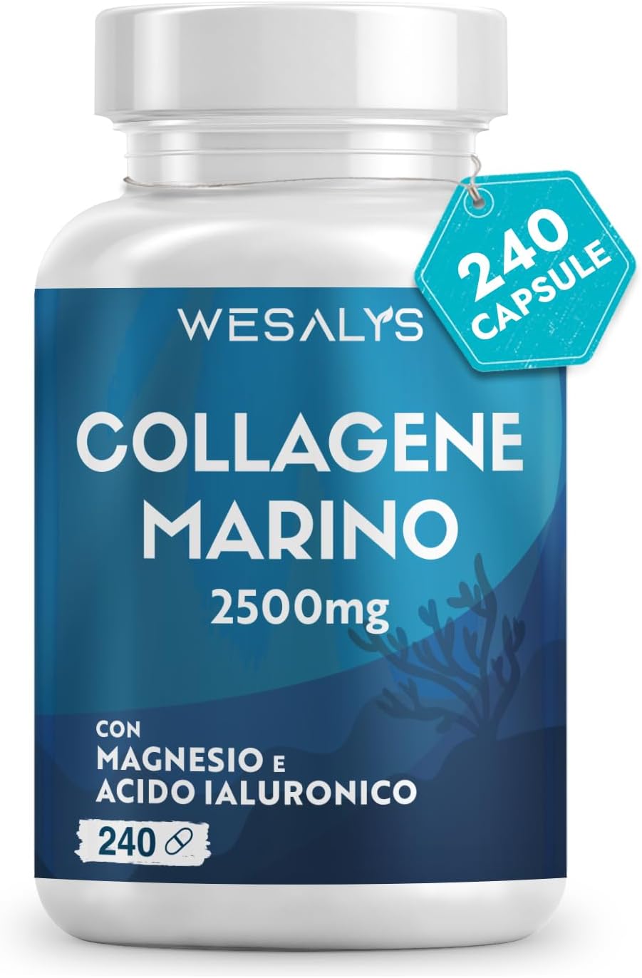 COLLAGENE MARINO con Acido ialuronico - 240 Capsule - 2500mg di Collagene idrolizzato, Integratore con Biotina, Vitamina C, Coenzima Q10 per Pelle, Capelli e Articolazioni