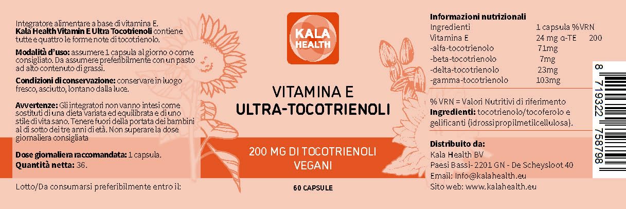 Kala Health Ultra Tocotrienol 200mg Vitamina E Vegana - Tutti e 4 i Tocotrienoli - Alfa Tocotrienolo + Beta Tocotrienolo + Gamma Tocotrienolo + Delta Tocotrienolo - Senza Tocoferoli (30)