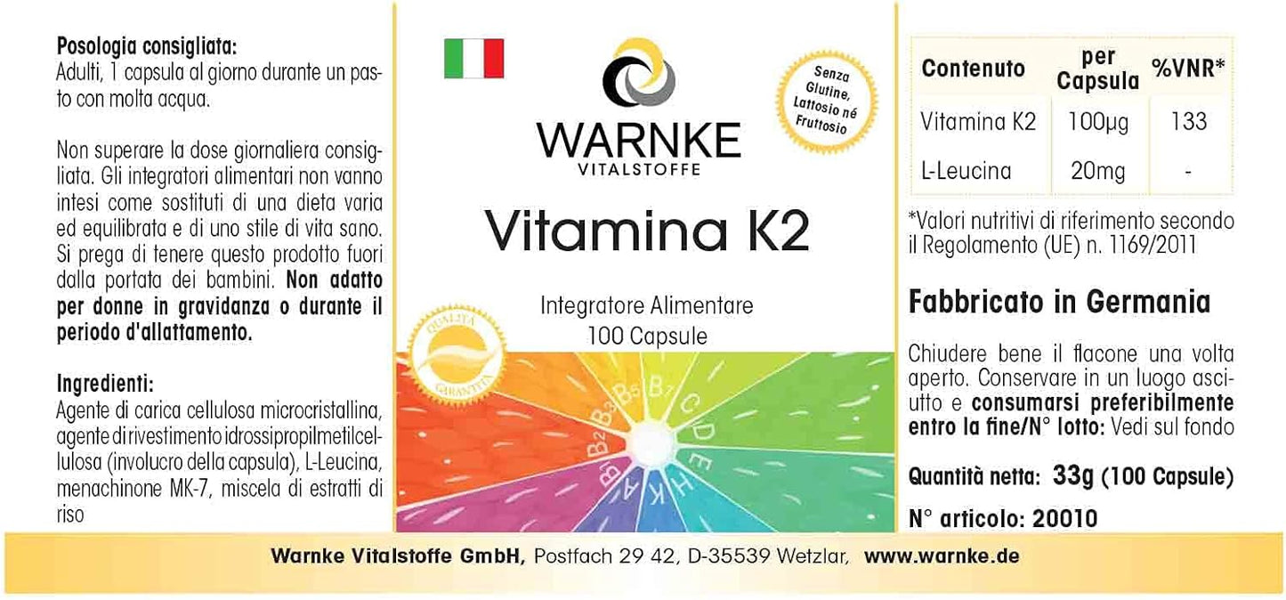 Vitamina K2 MK7 100 mcg (Menachinone naturale MK-7) - 100 capsule pure | Warnke Vitalstoffe - Qualità da farmacia tedesca