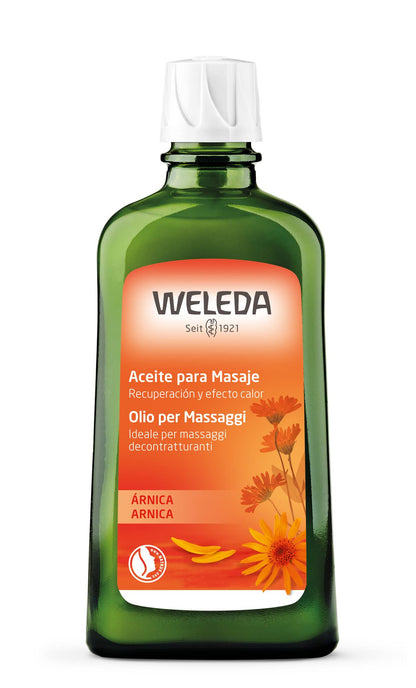 Weleda Arnica Olio per Massaggi decontratturanti per trattamenti di contratture e tensioni muscolari da fatica e stress, ideale per applicazione pre e post attività sportiva (1x200ml)