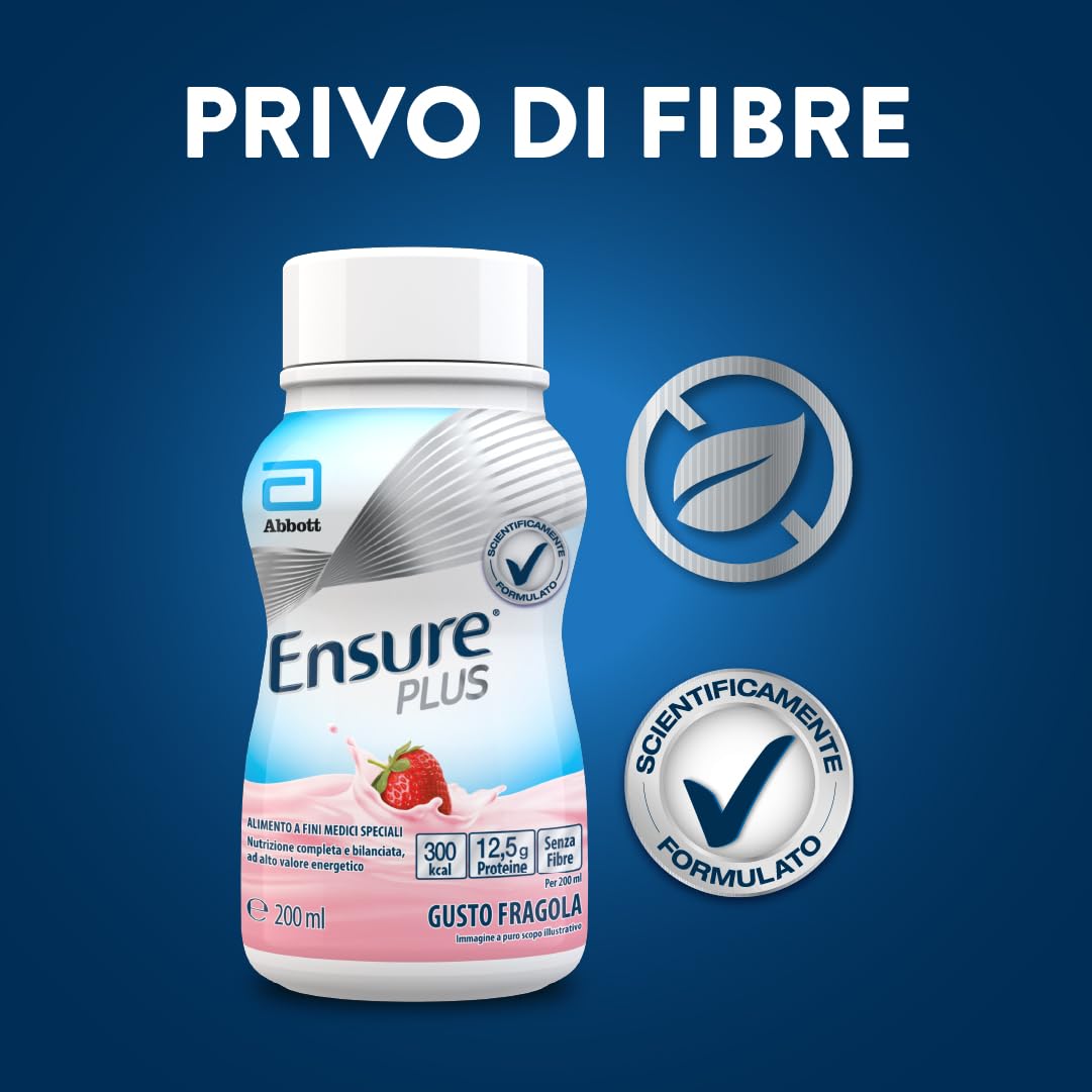 Ensure Plus Supplemento Nutrizionale Ipercalorico con Proteine, privo di Fibre |Formato bevanda| Alimento a fini medici speciali completo e bilanciato | Confezione 4x200ml Gusto Vaniglia