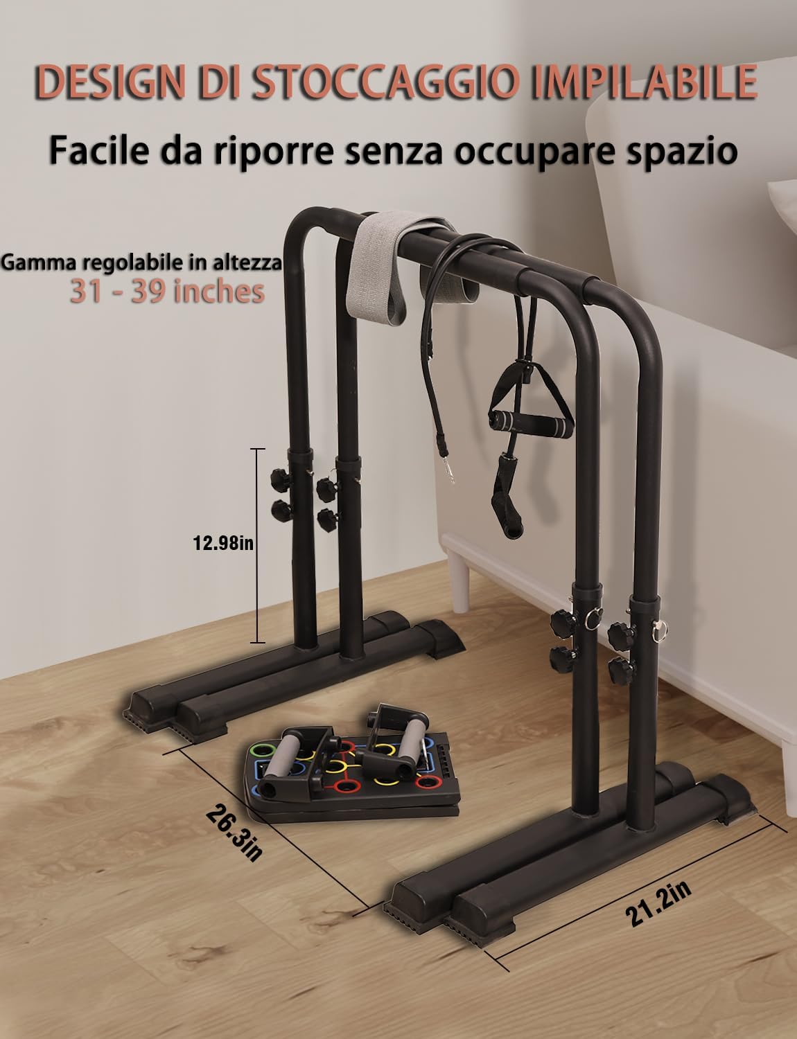 Fitarc Dip Bar, Stazione di supporto regolabile con connettore di sicurezza per allenamento completo della forza del corpo. Altezza regolabile da 76,2 cm a 99,1 cm, pull-up e push-up. Nero