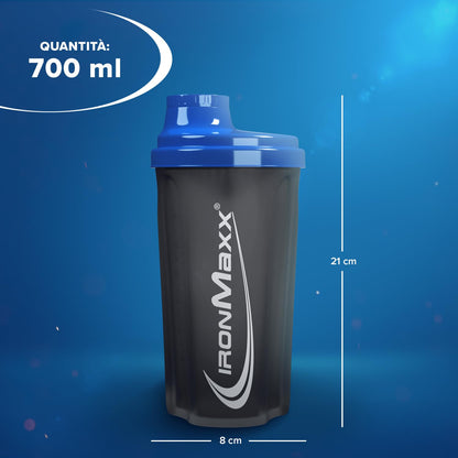 IronMaxx Protein Shaker - Blu/Grigio 700ml |Shaker Proteico con Tappo a Vite, Setaccio & Scala Graduata |a prova di perdite, lavabile in lavastoviglie & privo di plastificanti BPA e DEHP