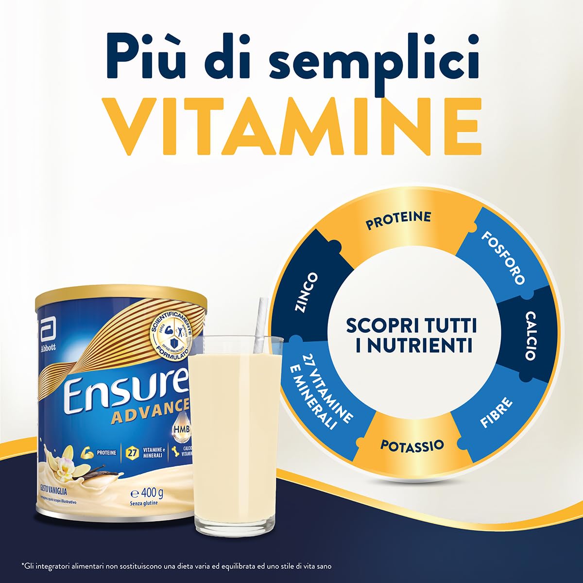 Ensure Advance Integratore Alimentare Proteico in Polvere, con 27 Vitamine e Minerali, Integratore Alimentare con Proteine, Calcio e HMB, Confezione 850g, Gusto Vaniglia