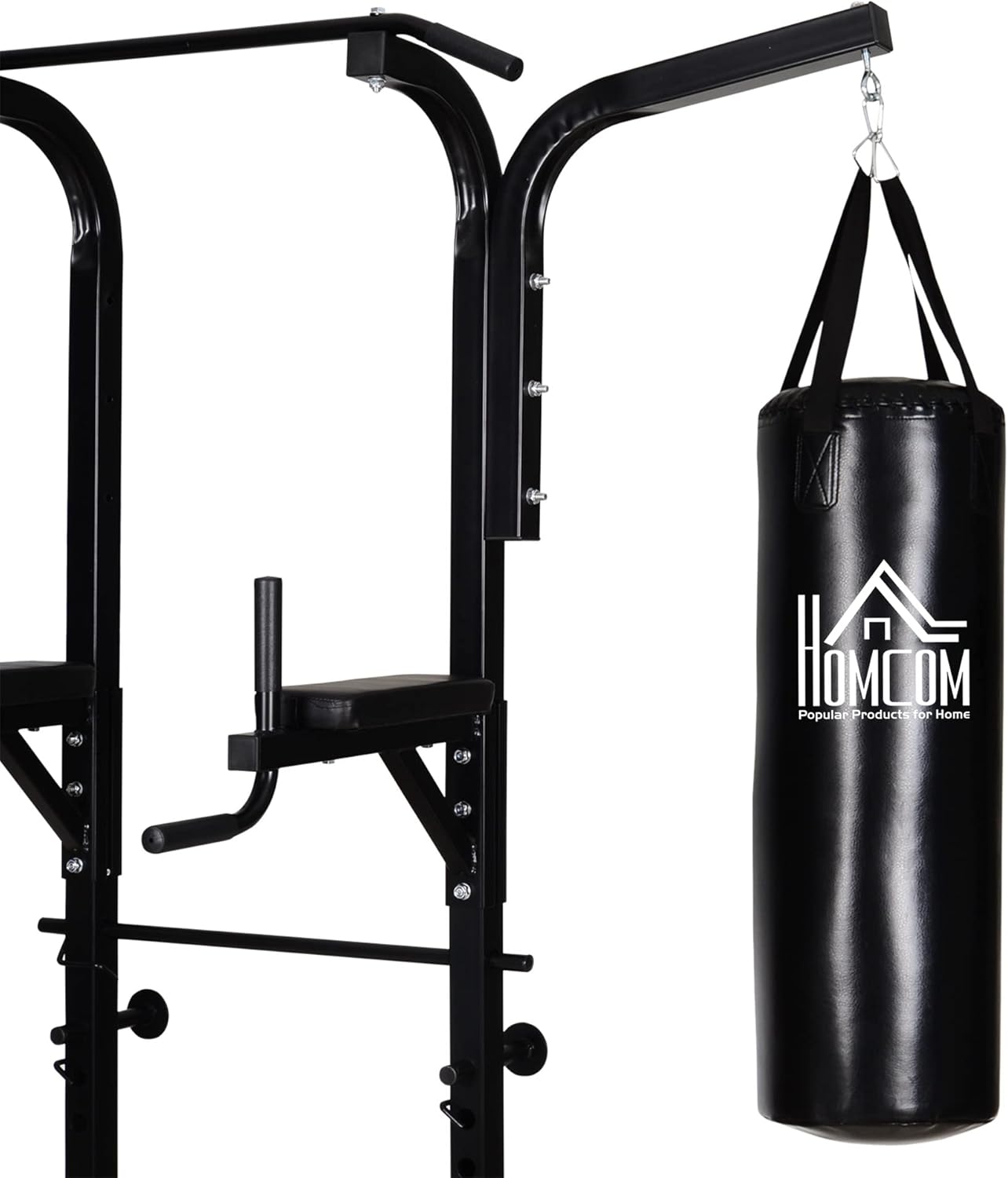 HOMCOM Power Tower con Panca e Sacco da Boxe di 20kg, Stazione Multiuso in Acciaio Nero per Allenamento Total Body