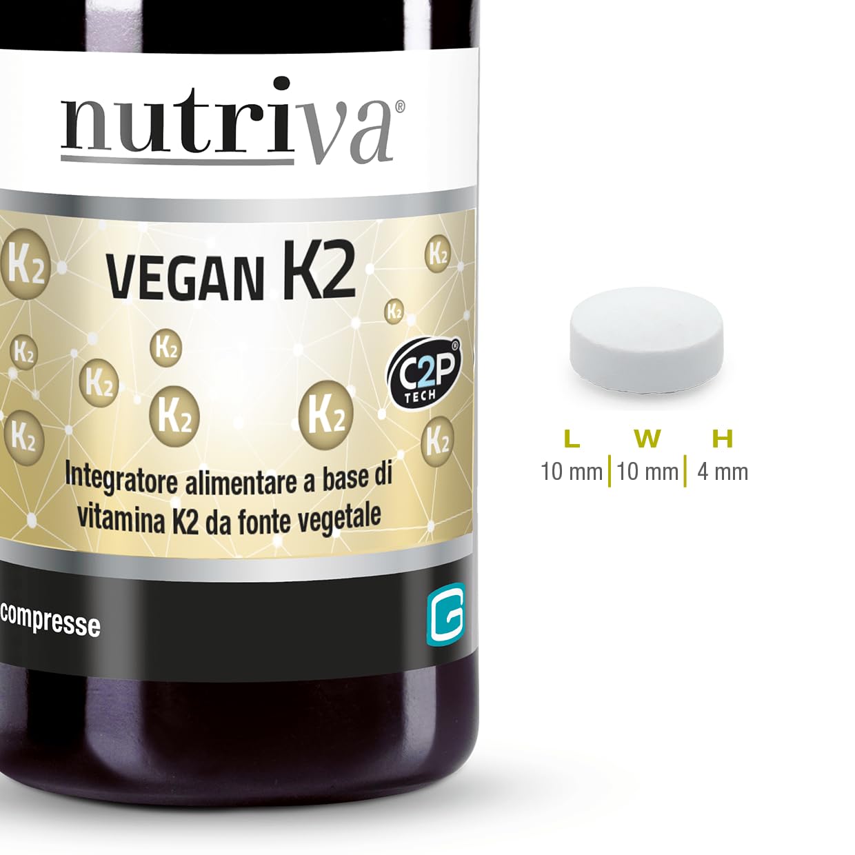 NUTRIVA Vegan K2, Integratore Alimentare a Base di Vitamina K2 da Fonte Vegetale, Utile per il Benessere delle Ossa, 100% Naturale e Vegano - 30 Compresse