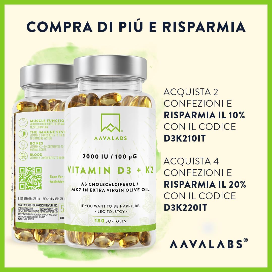 Vitamina D3 K2 Alto Assorbimento Olio Extraverg.d'Oliva - Vitamina D3 2000 UI + Vitamina K2 MK7 100 μg - Vitamina D 2000 UI e Vitamina K - 180 Capsule