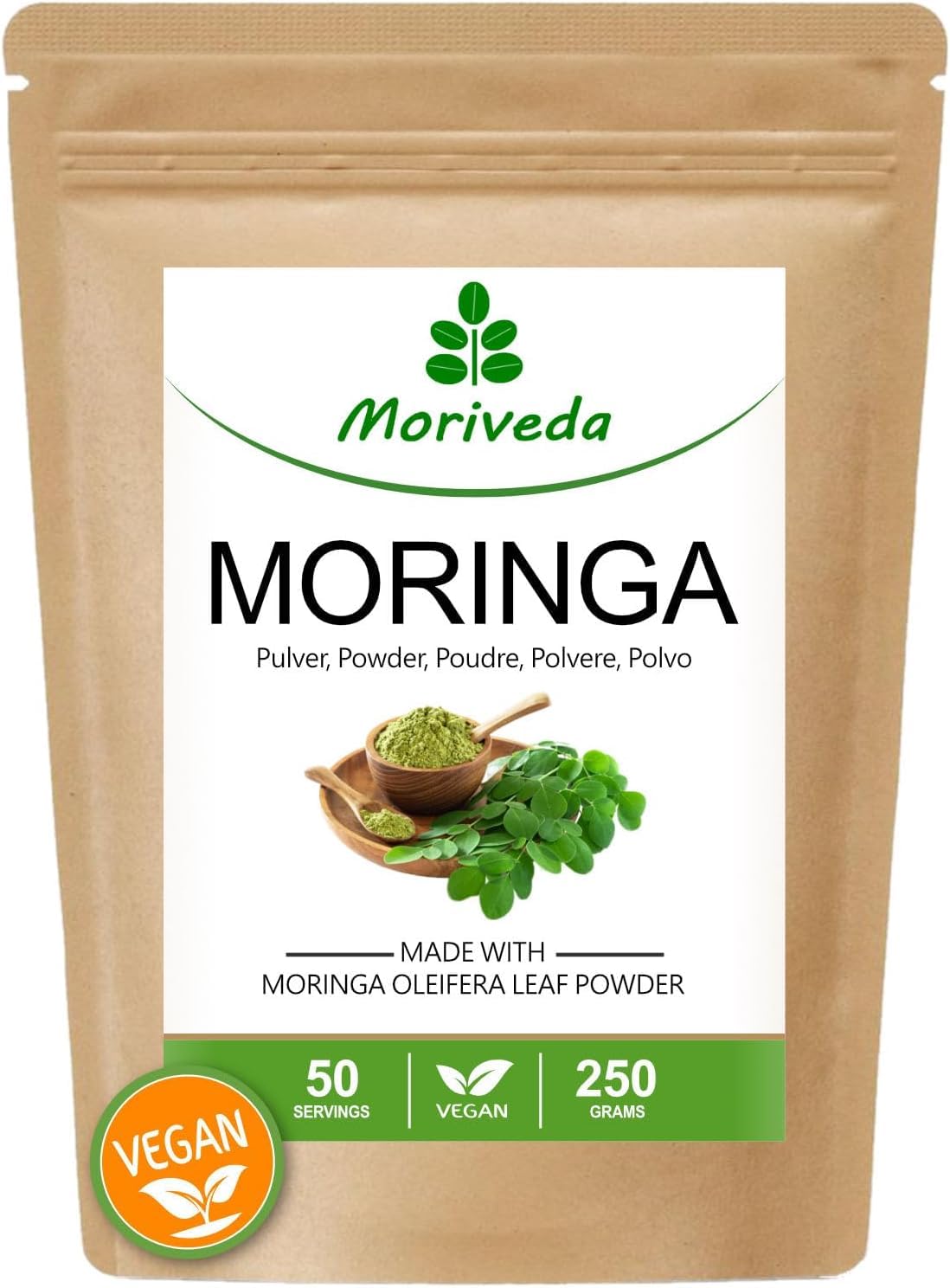 Moringa in polvere 250g - Vegan e senza glutine - La polvere di foglie di oleifera contiene vitamine, proteine, aminoacidi, micronutrienti con la massima biodisponibilità - da MoriVeda - 1 x 250g