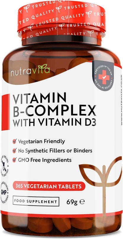 Vitamina B Complex con D3 Alto Dosaggio - 365 Compresse Vegetariane - Fornitura per 1 Anno - Complesso 8 Vitamine B ad Alta Dosaggio in 1 Compressa - B1, B2, B3, B5, B6, B7, B9, B12 - Nutravita