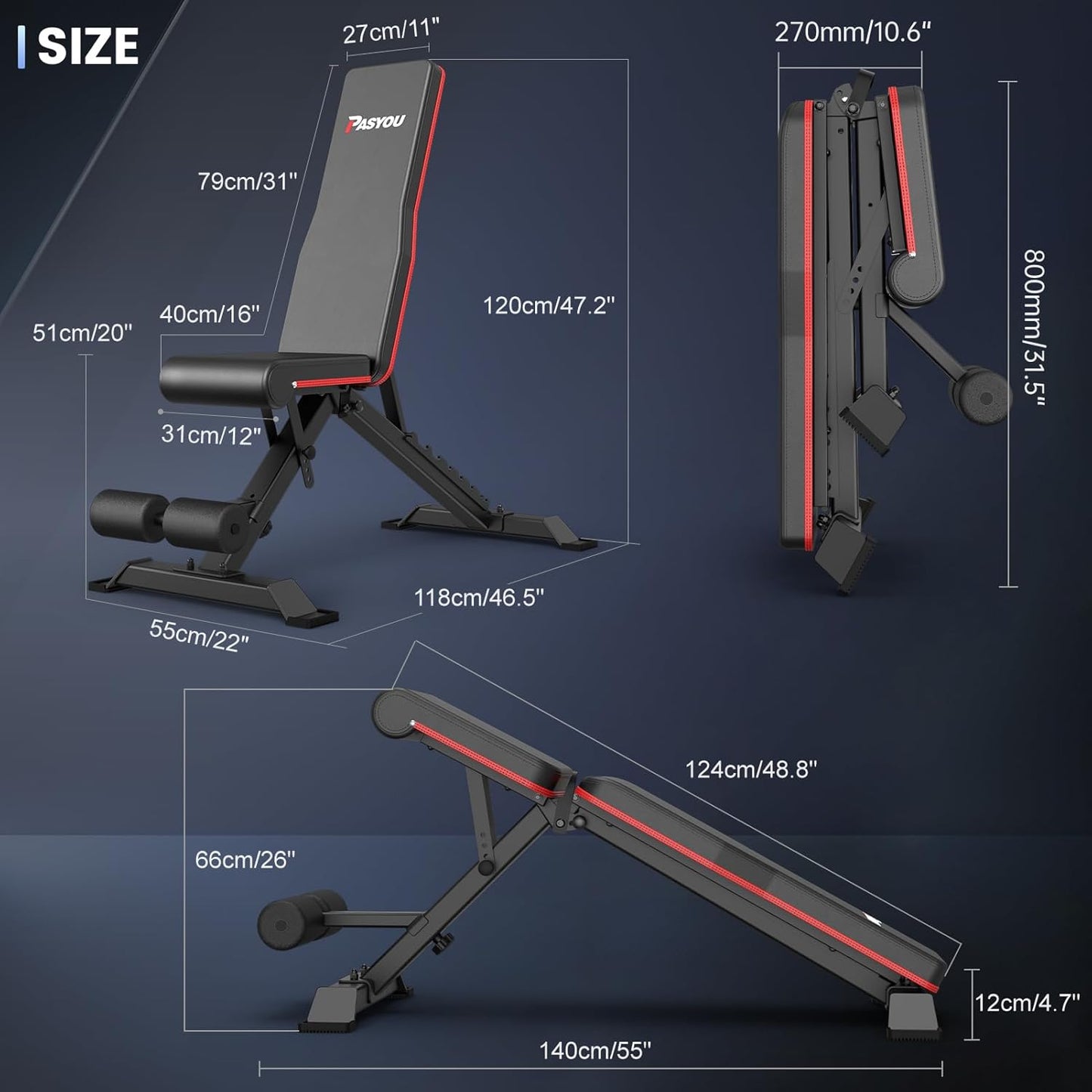 PASYOU Panca pieghevole da allenamento con 9 x 4 x 3 posizioni regolabili, multi-panca inclinata come addominale e schiena per casa, carico massimo 318 kg