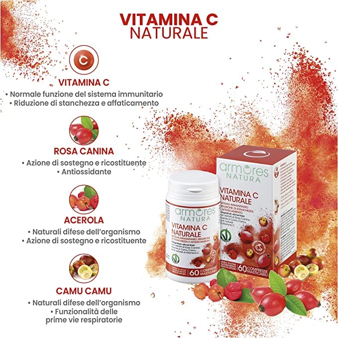 Armores Natura Integratori Alimentari, Vitamina C Naturale, Integratore a Base di Vitamina C da Acerola, Rosa Canina e Camu Camu, Aroma naturale Arancia, Vegano, 60 Compresse Masticabili