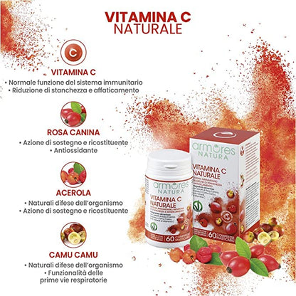 Armores Natura Integratori Alimentari, Vitamina C Naturale, Integratore a Base di Vitamina C da Acerola, Rosa Canina e Camu Camu, Aroma naturale Arancia, Vegano, 60 Compresse Masticabili