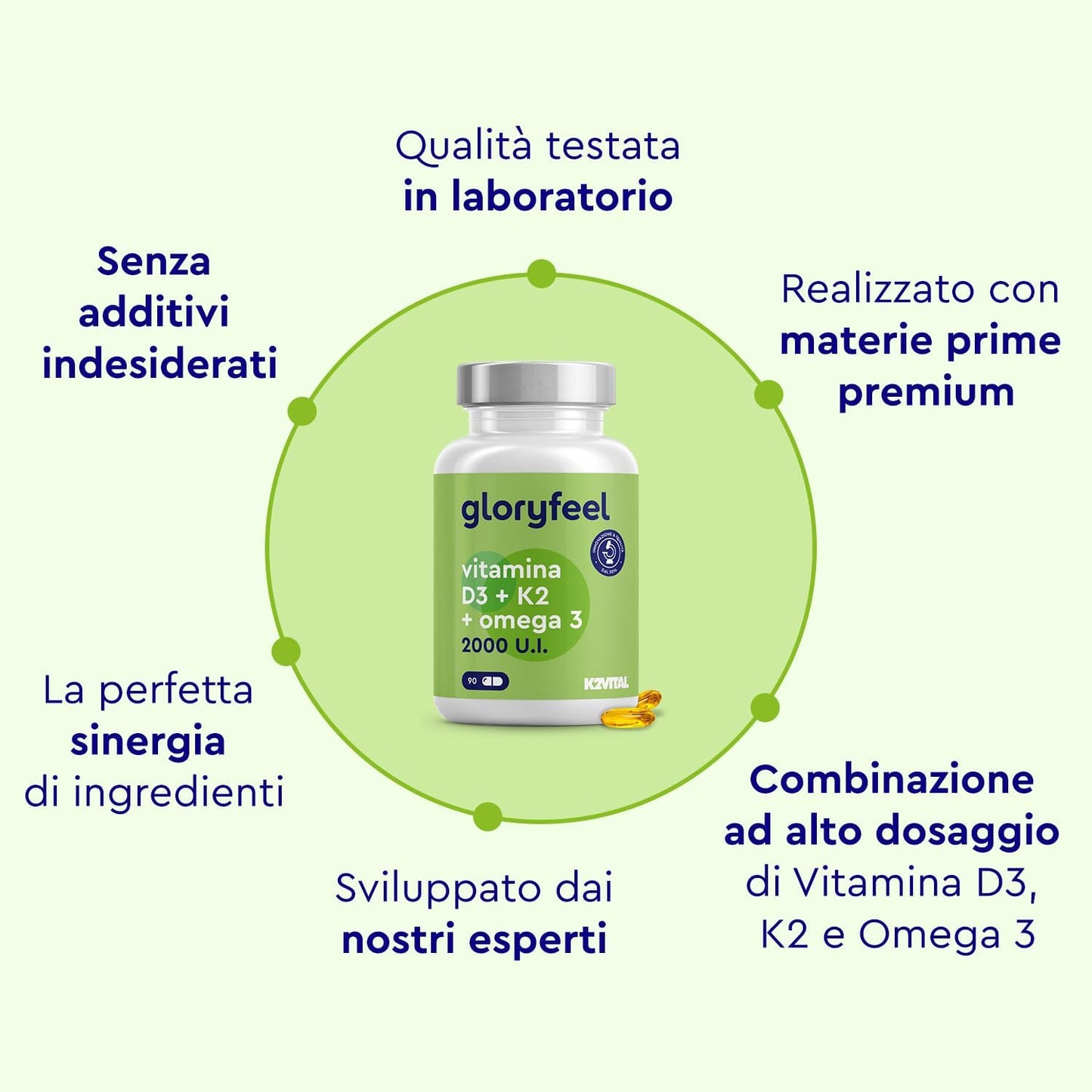 Vitamina D3 + K2 + Omega 3, 90 Capsule Softgel, 2000UI Vitamina D, 100 µg Vitamina K, 1000mg Olio di Pesce 400mg EPA e 300mg DHA, Vit D3 Colecalciferolo + Vit K2 MK7 99% (K2VITAL® di Kappa) + Fish Oil