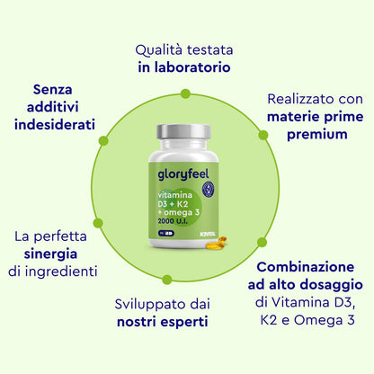 Vitamina D3 + K2 + Omega 3, 90 Capsule Softgel, 2000UI Vitamina D, 100 µg Vitamina K, 1000mg Olio di Pesce 400mg EPA e 300mg DHA, Vit D3 Colecalciferolo + Vit K2 MK7 99% (K2VITAL® di Kappa) + Fish Oil