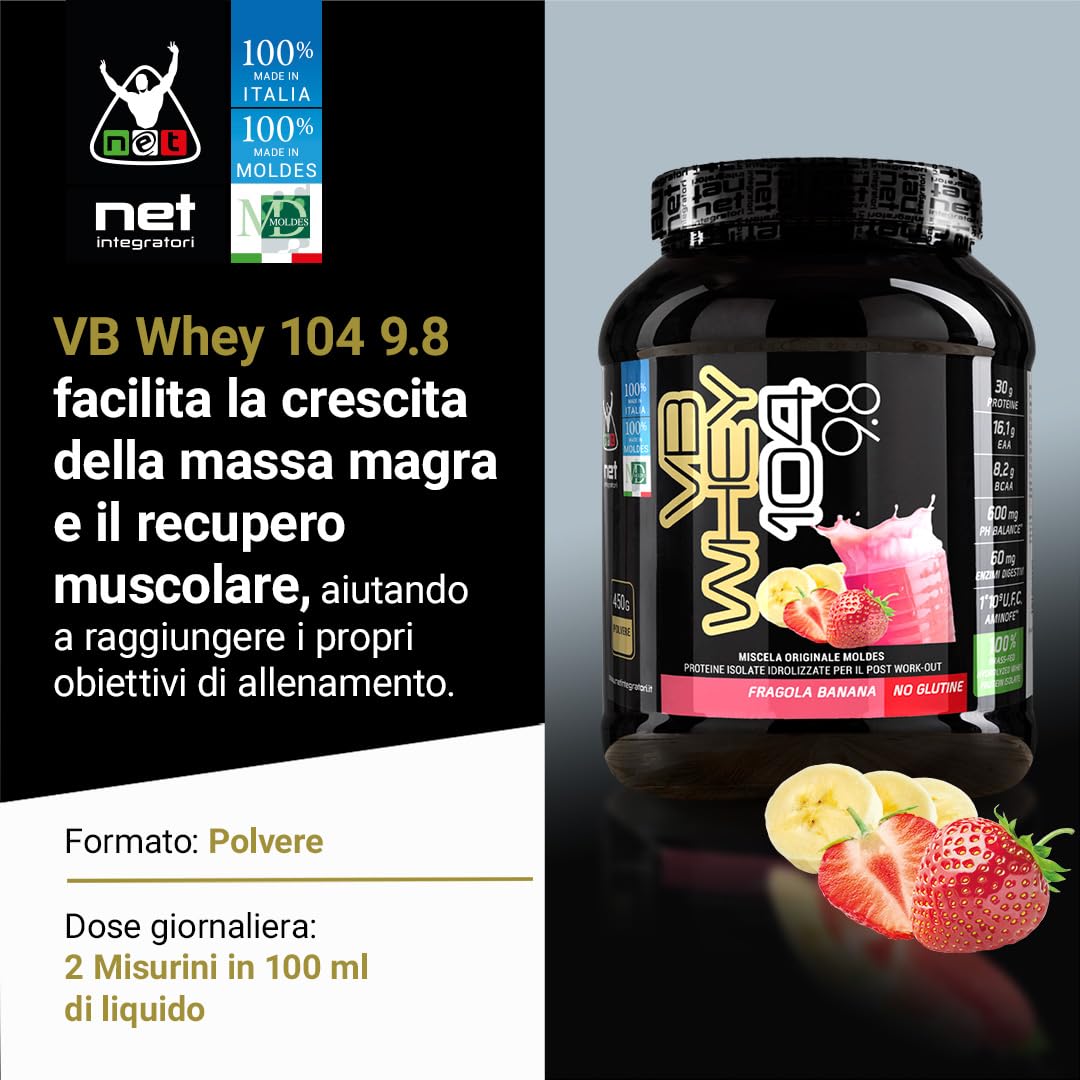 NET Integratori VB WHEY 104 9.8 Optipep - 450g Cioccolato - Proteine Isolate Idrolizzate per via Enzimatica Con EAA e BCAA - Massimizza Sintesi Proteica, Crescita e Mantenimento Muscolare