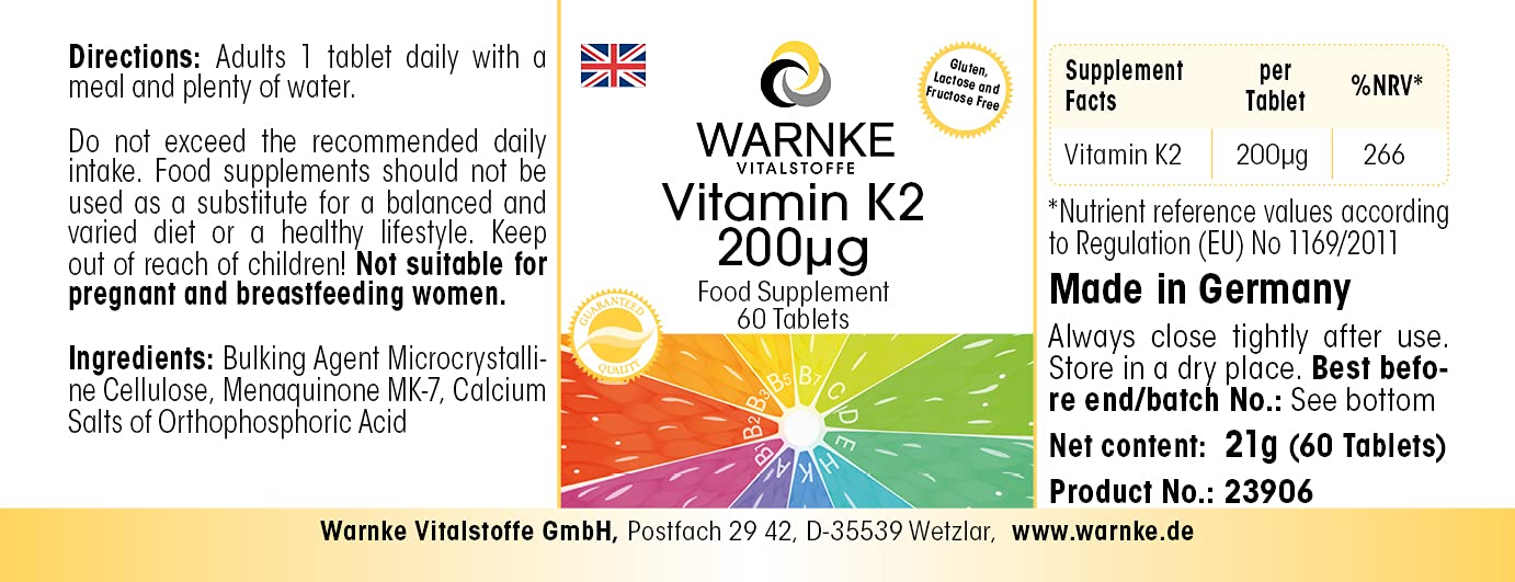 Vitamina k2 mk7 200 mcg - 60 compresse - Menachinone naturale MK-7 - vegano | Warnke Vitalstoffe - Qualità da farmacia tedesca