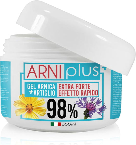 ARNIplus+ Arnica per cavalli uso umano, Gel extra forte 98%, assorbimento rapido, non unge, Arnica montana + Artiglio del diavolo, 500ML, made in italy