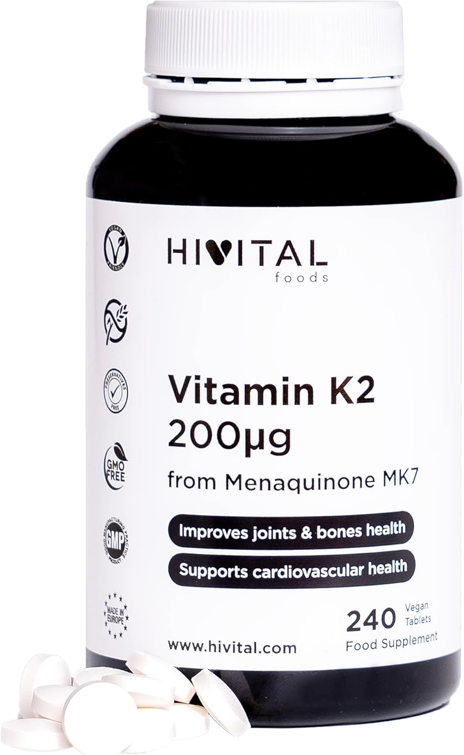 Vitamina K2 MK7 200 mcg. 240 compresse vegane di Vitamina K per 8 mesi. 200 mcg di Vitamina K2 Menachinone MK-7 per sostenere la salute delle ossa e delle articolazioni.