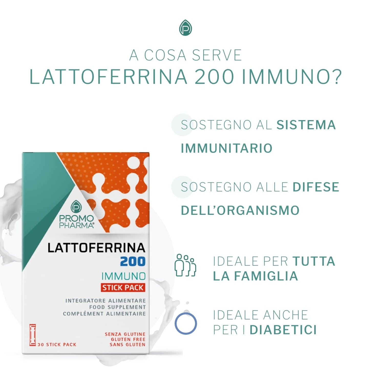 Lattoferrina 200 Immuno - Integratore Alimentare - Sostegno al Sistema Immunitario e alle Difese dell'Organismo, Ideale per Tutta la Famiglia - 30 stick pack da 1 g