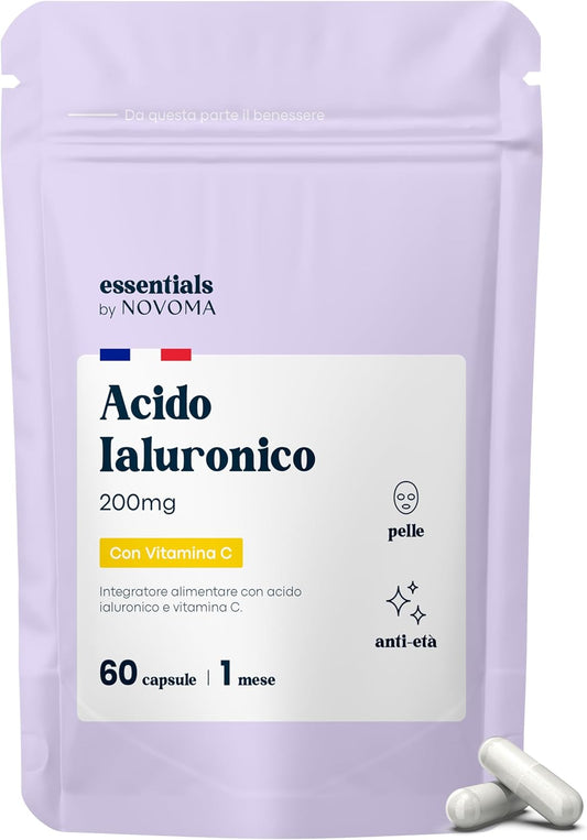 Acido Ialuronico Puro, 60 Capsule Vegane, Azione Anti-Età + Antirughe, 800-900 kDa, Trattamento di 1 mese, Idratazione della Pelle, Con Vitamina C, Prodotto in Francia, Essentials by Novoma