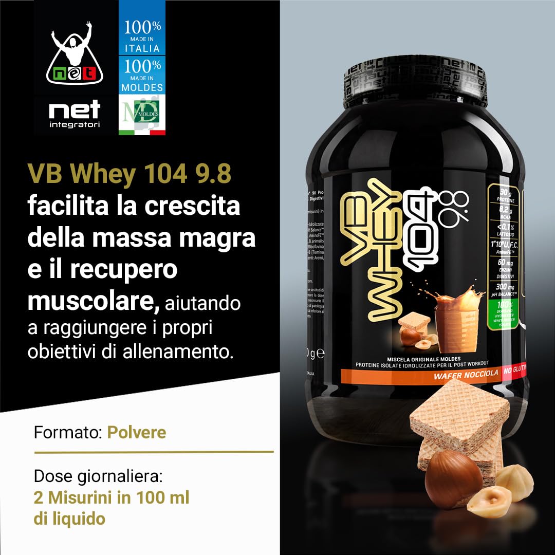 NET Integratori VB WHEY 104 9.8 Optipep - 900g Cioccolato - Proteine Isolate Idrolizzate per via Enzimatica Con EAA e BCAA - Massimizza Sintesi Proteica, Crescita e Mantenimento Muscolare