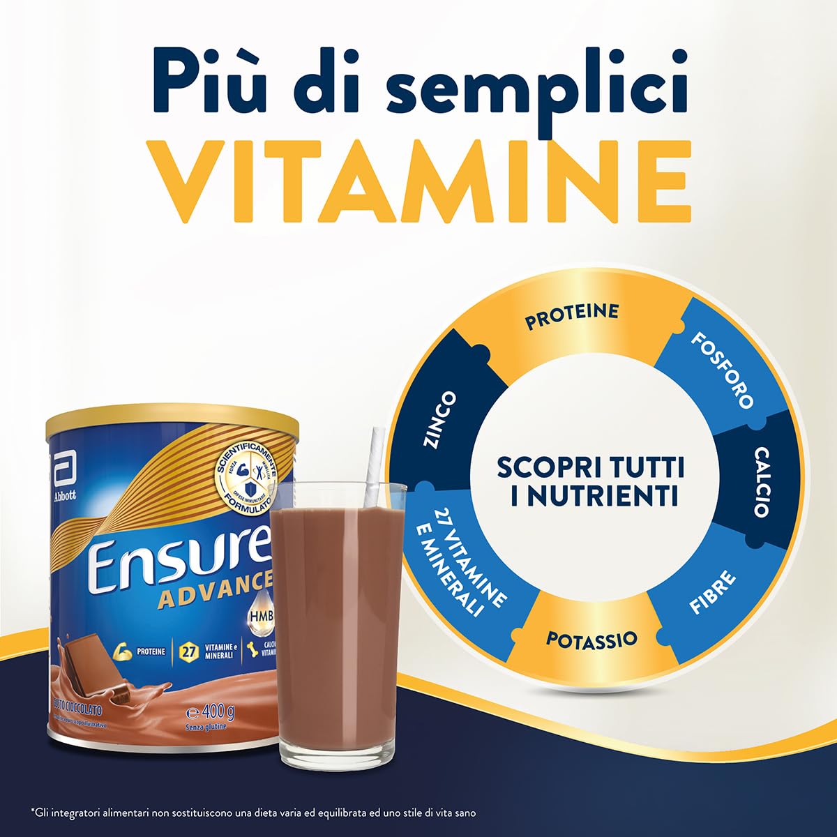 Ensure Advance Integratore Alimentare Proteico in Polvere, con 27 Vitamine e Minerali, Integratore Alimentare con Proteine, Calcio e HMB, Confezione 850g, Gusto Cioccolato