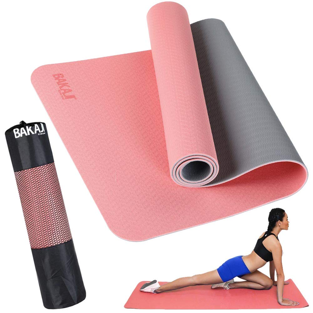 BAKAJI Tappetino Yoga in TPE Ecologioco Doppio Strato Antiscivolo Alta Densità Materassino Tappeto Allenamento Fitness Aerobica Palestra Ginnastica Dimensione 180 x 61 cm con Custodia