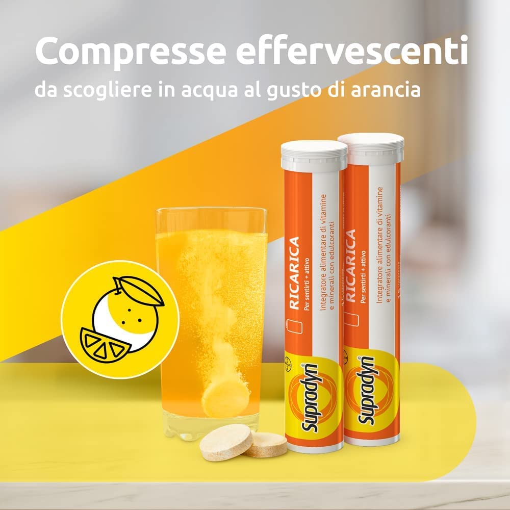 Supradyn Ricarica Multivitaminico Completo Vitamine e Minerali per Adulti, Integratore Vitamine A, B, C, D3, E, K, Magnesio, Calcio, Zinco, Selenio e Q10, Gusto Arancia 60 Compresse Effervescenti