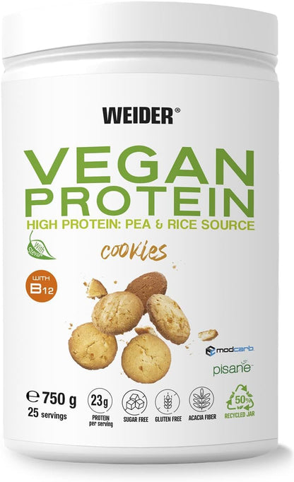 Weider Vegan Protein (750g) Gusto Cappuccino. Proteine Vegane 23g/dose isolate di piselli e riso, Con Vitamina B12 e Stevia, Senza Glutine, Senza Zucchero, Contenitore 50% Riciclato, 100% Riciclabile