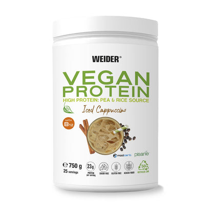 Weider Vegan Protein (750g) Gusto Cappuccino. Proteine Vegane 23g/dose isolate di piselli e riso, Con Vitamina B12 e Stevia, Senza Glutine, Senza Zucchero, Contenitore 50% Riciclato, 100% Riciclabile