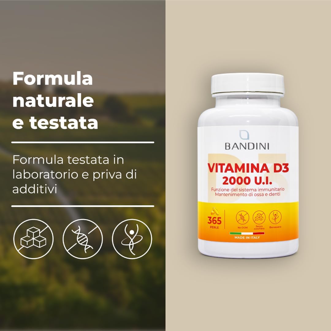 Bandini® Vitamina D3 2000 UI 365 Softgel | Alto Dosaggio 50μg | Vitamine D Colecalciferolo (Vit D) | IN OLIO D'OLIVA EXTRAVERGINE per Assorbimento Ottimale | Ossa, Denti, Muscoli, Sistema immunitario