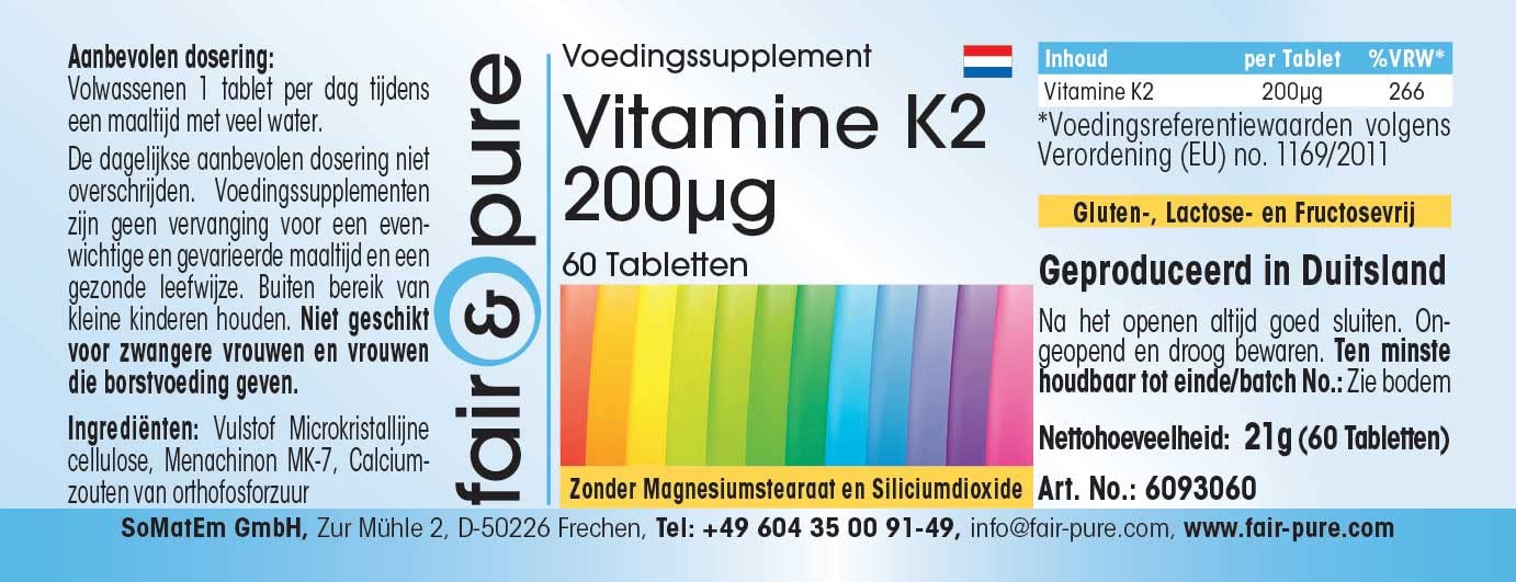 Fair & Pure® - Vitamina K2 200µg - Menaquinone MK7 - Vegan - 60 Compresse