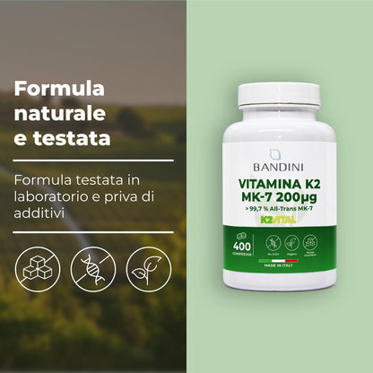 Bandini® Vitamina K2 MK7 200µg | 400 Compresse | Menachinone ad Alto Dosaggio | Vit K 2 MK-7 K2Vital® 200 mcg | Contribuisce al Mantenimento di Ossa Normali | 100% Vegan | Senza OGM | Qualità Italiana