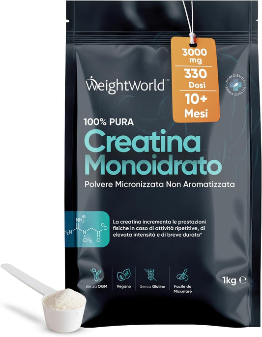 Creatina Monoidrata in Polvere 1000g, Creatina 3000mg 100% Pura, 330 Dosi (10+ Mesi), Fattore di Maglia 200, Creatina Vegana Micronizzata, Pre Workout, Intra Workout, Post Workout, Creatina Monoidrato