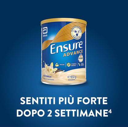 Ensure Advance Integratore Alimentare Proteico in Polvere, con 27 Vitamine e Minerali, Integratore Alimentare con Proteine, Calcio e HMB, Confezione 850g, Gusto Vaniglia