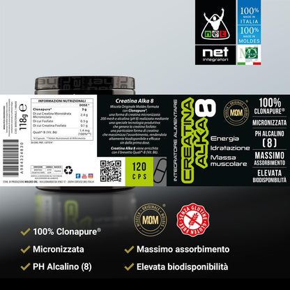 NET Integratori CREATINA ALKA 8-200g Arancia - Creatina Monoidrata Micronizzata Clonapure - Pre-Post Workout, Rapida Produzione Energetica, Contrasta Fatica e Massimizza la Crescita Muscolare