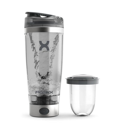 Promixx Pro Shaker Bottle - Ricaricabile, Potente per Frullati Proteici Lisci - Includere Deposito di Proteine - senza BPA - Tazza da 600 ml (Grafite/Arancia)