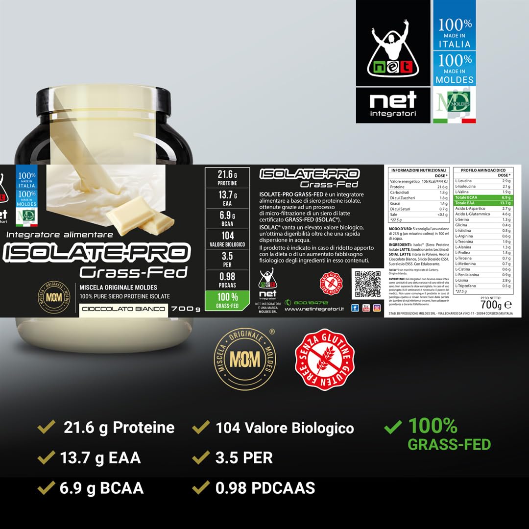 NET Integratori ISOLATE PRO Grass Fed - 700g Cioccolato - Proteine Isolate Con EAA Aminoacidi Essenziali e BCAA - Massimizza La Sintesi Proteica e La Crescita Muscolare