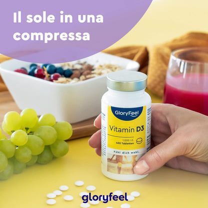 Vitamina D3 1000 IU per Compressa (25mcg), 400 Compresse (Scorta 1+ Anno), Vit D ad Alto Dosaggio, Integratore Vitamina D3 Colecalciferolo, Supporta Ossa, Denti, Muscoli e Difese Immunitarie